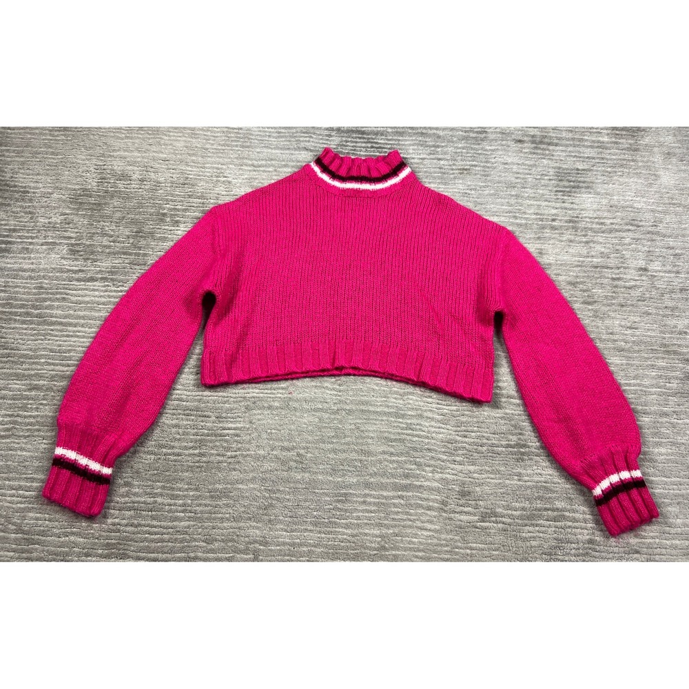 Derek Heart Sweater Women L Pink Cropped Mock Neck Striped Trim Long Sleeve Knit